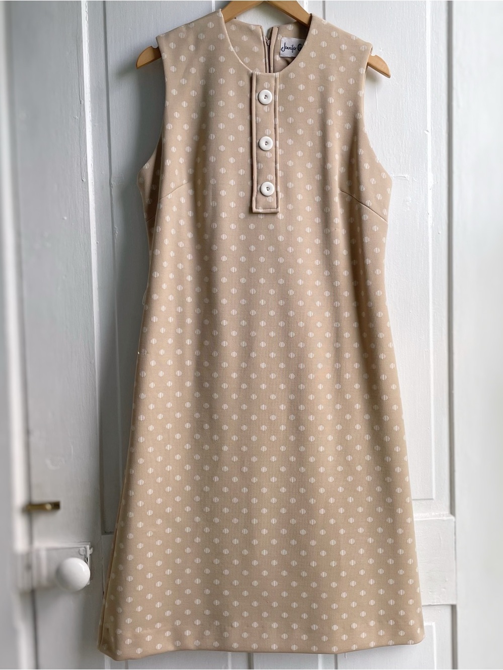 Vintage Mod 60s Tan Polka Dot Polyester Sleeveless Dress